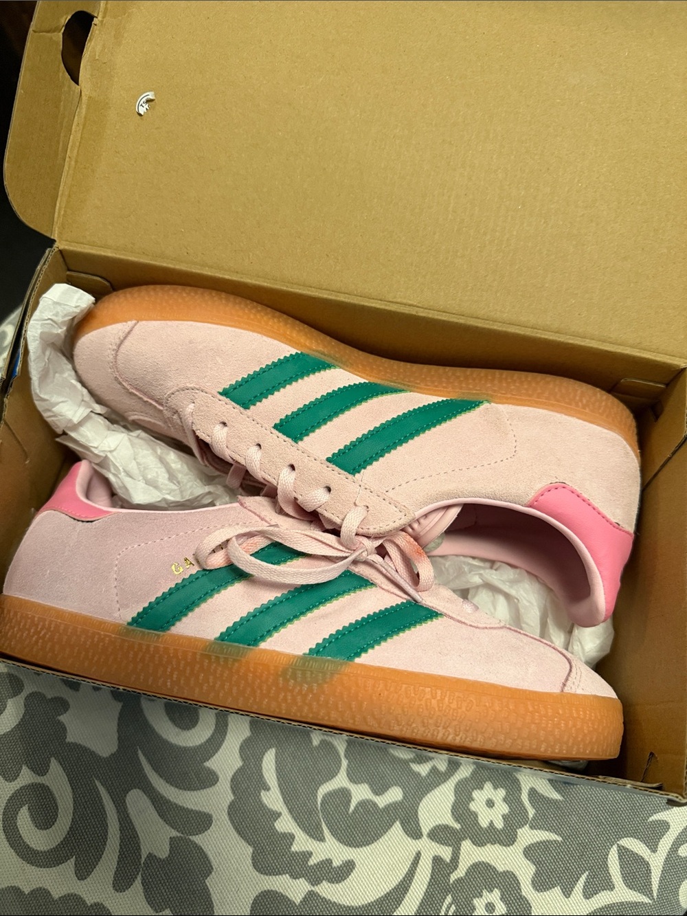 adidas Gazelle Pink Suede Sneakers with Green Three Stripes